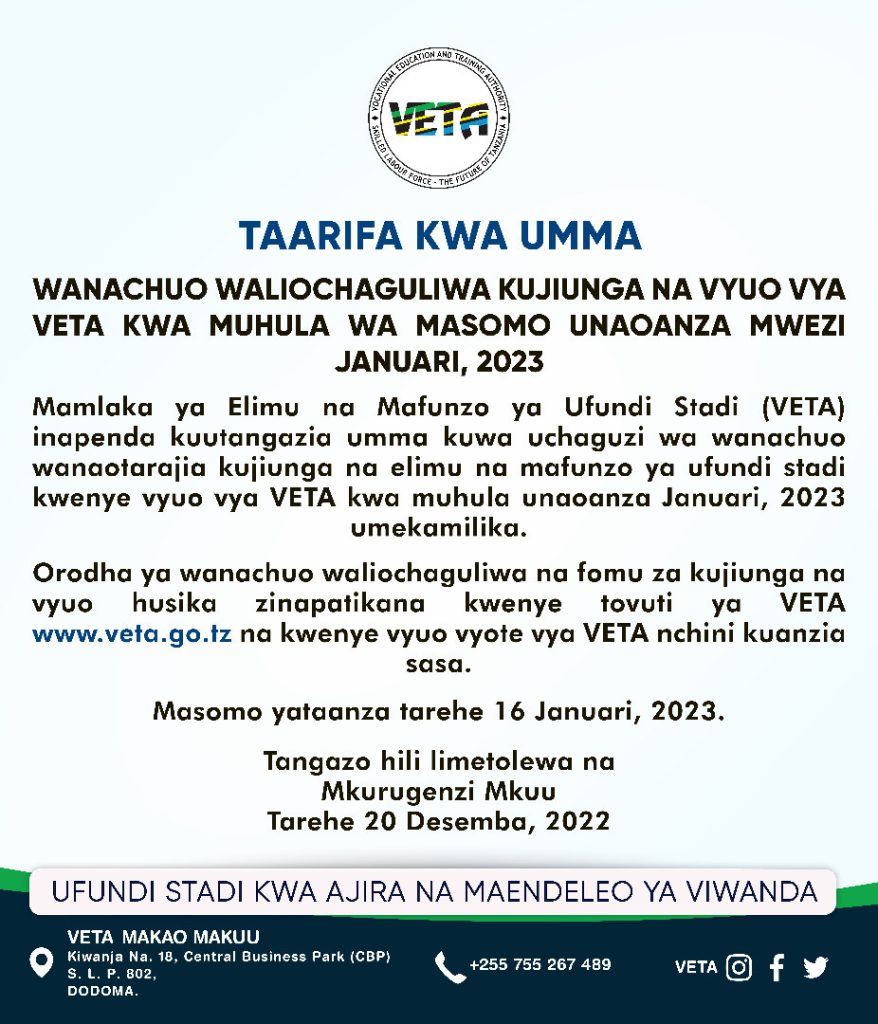 Selected Applicants to Join VETA 2023 Academic Year