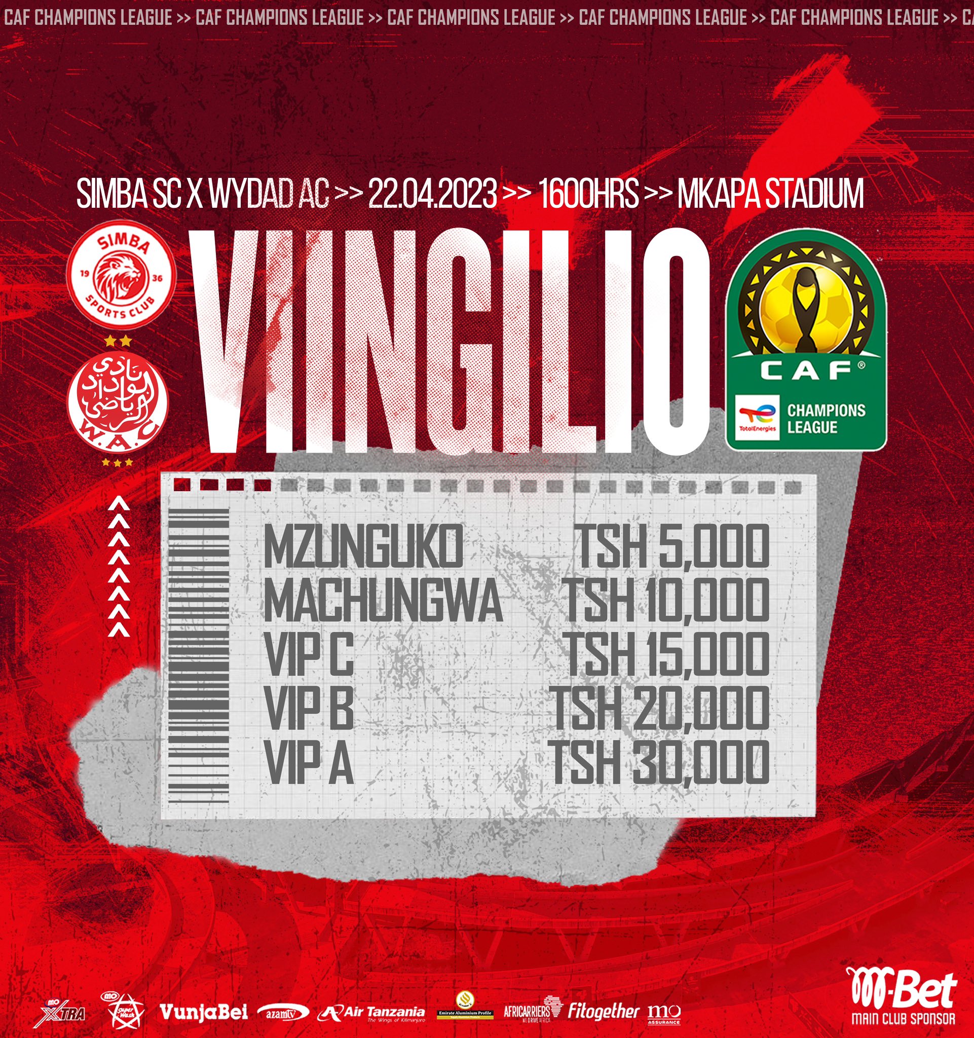 Viingilo Mechi ya Simba Vs Wydad AC Apr 22 2023CAF Champions League.