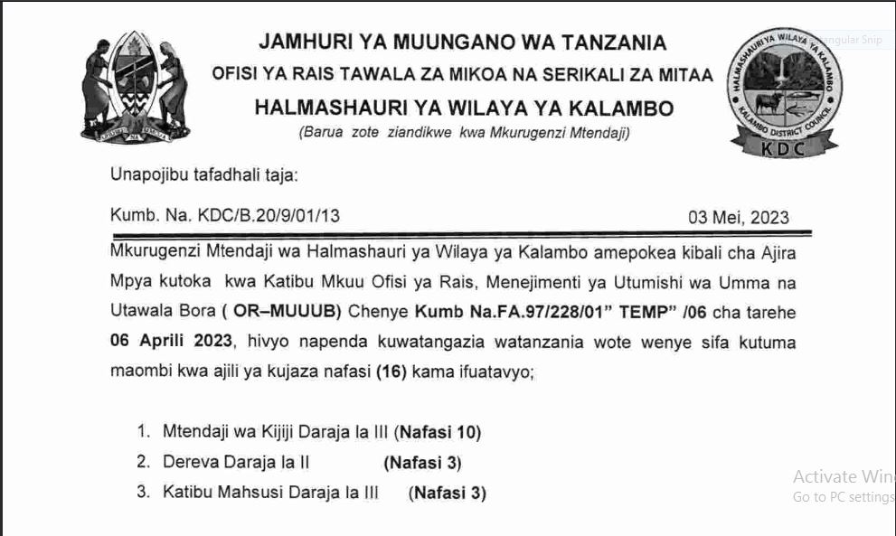 Job Vacancies at Kalambo District  Council 2023