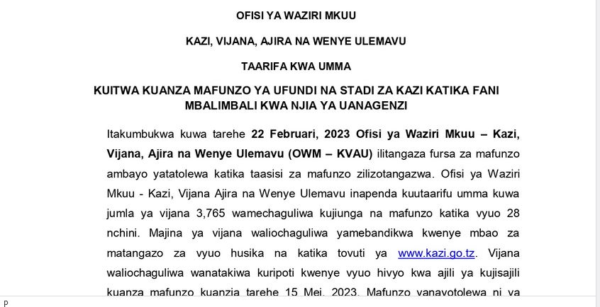 Call For Mafunzo ya Uanagenzi kwa Vijana 2023