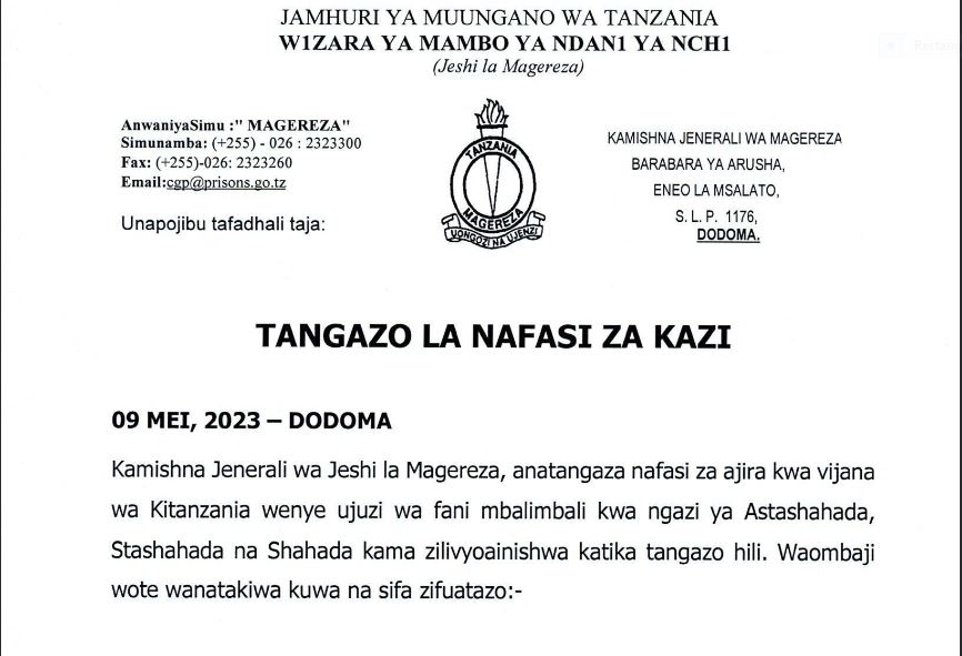 1000+ Job Vacancies at Jeshi la Magereza Tanzania 2023