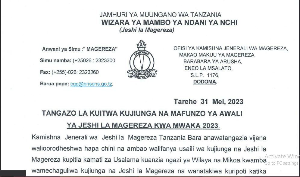 Call For Work/Mafunzo at Jeshi la Magereza 2023